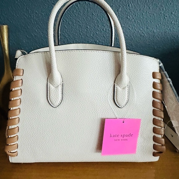 NWT Kate Spade Cream and Tan Satchel with Structured Design & Woven Accents - Picture 2 of 8